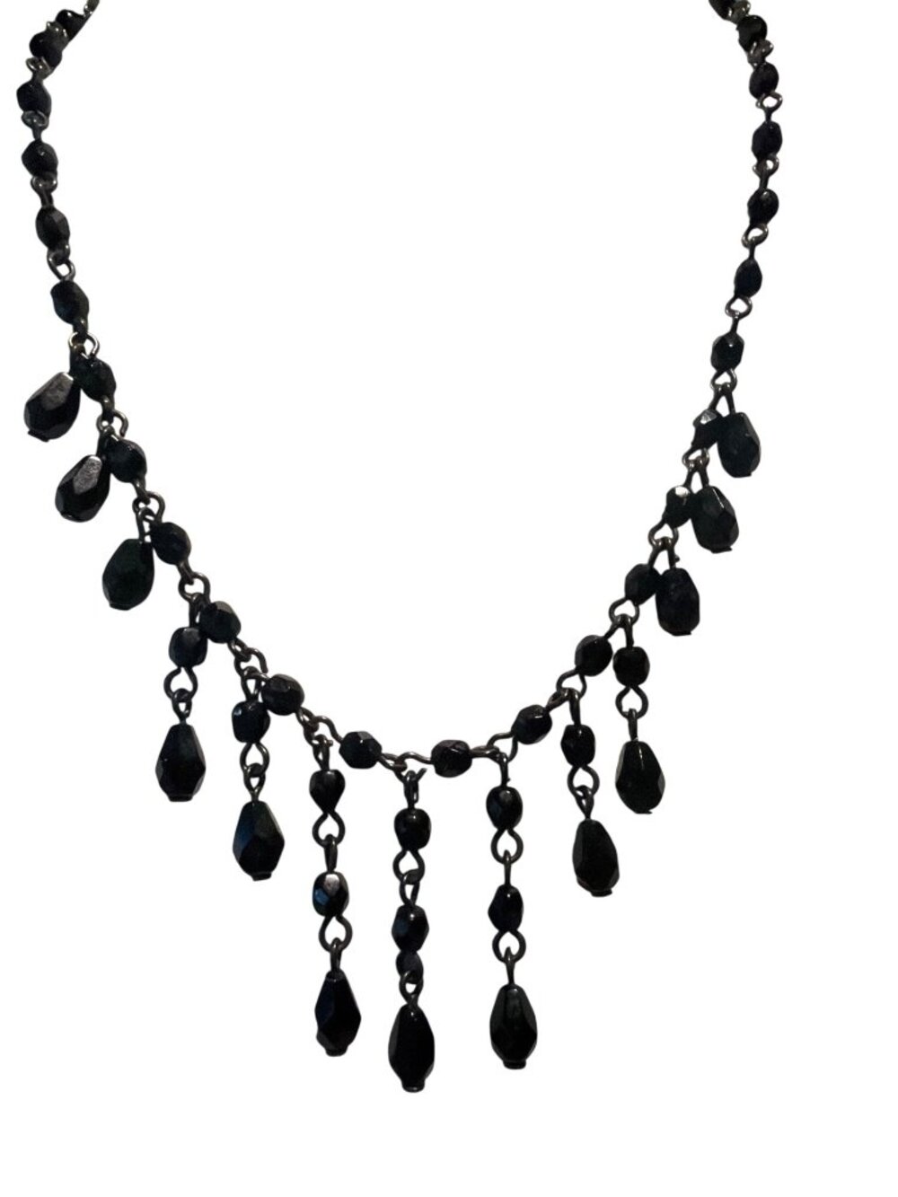 Vintage 1928 Black Glass Bead Necklace Draped Teardrop Fringe Choker Collar 18"